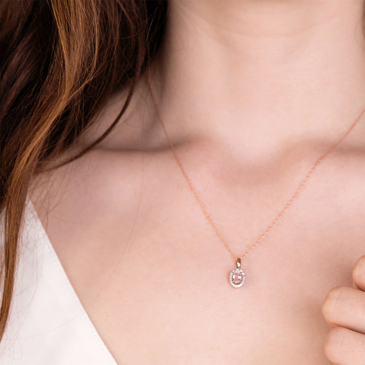 Morganit Halskette, 9 Karat Rosegold Morganit & Diamant Ovale Halo Anhänger op 45cm Kette