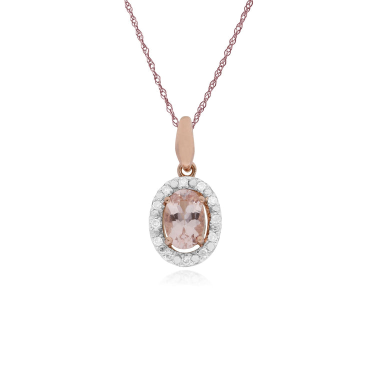 Morganit Halskette, 9 Karat Rosegold Morganit & Diamant Ovale Halo Anhänger op 45cm Kette